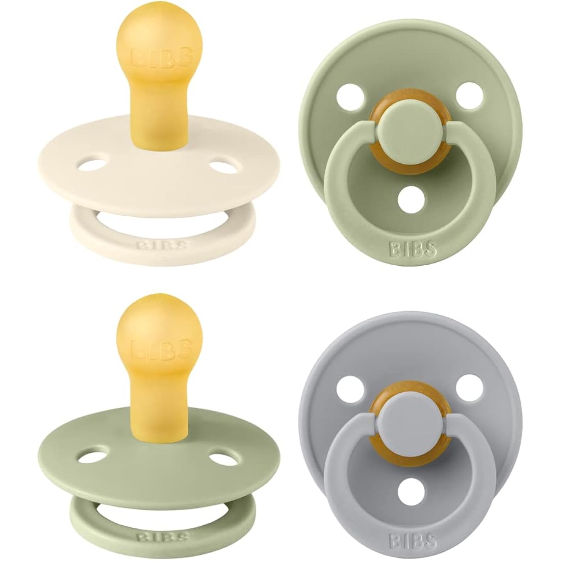 BIBS Dummies Colour 4-Pack, BPA Free Dummy Pacifier, Round Nipple Soothers, Natural Rubber Latex, Made in Denmark. 0-6 Months (Pack of 4), Sage Mix