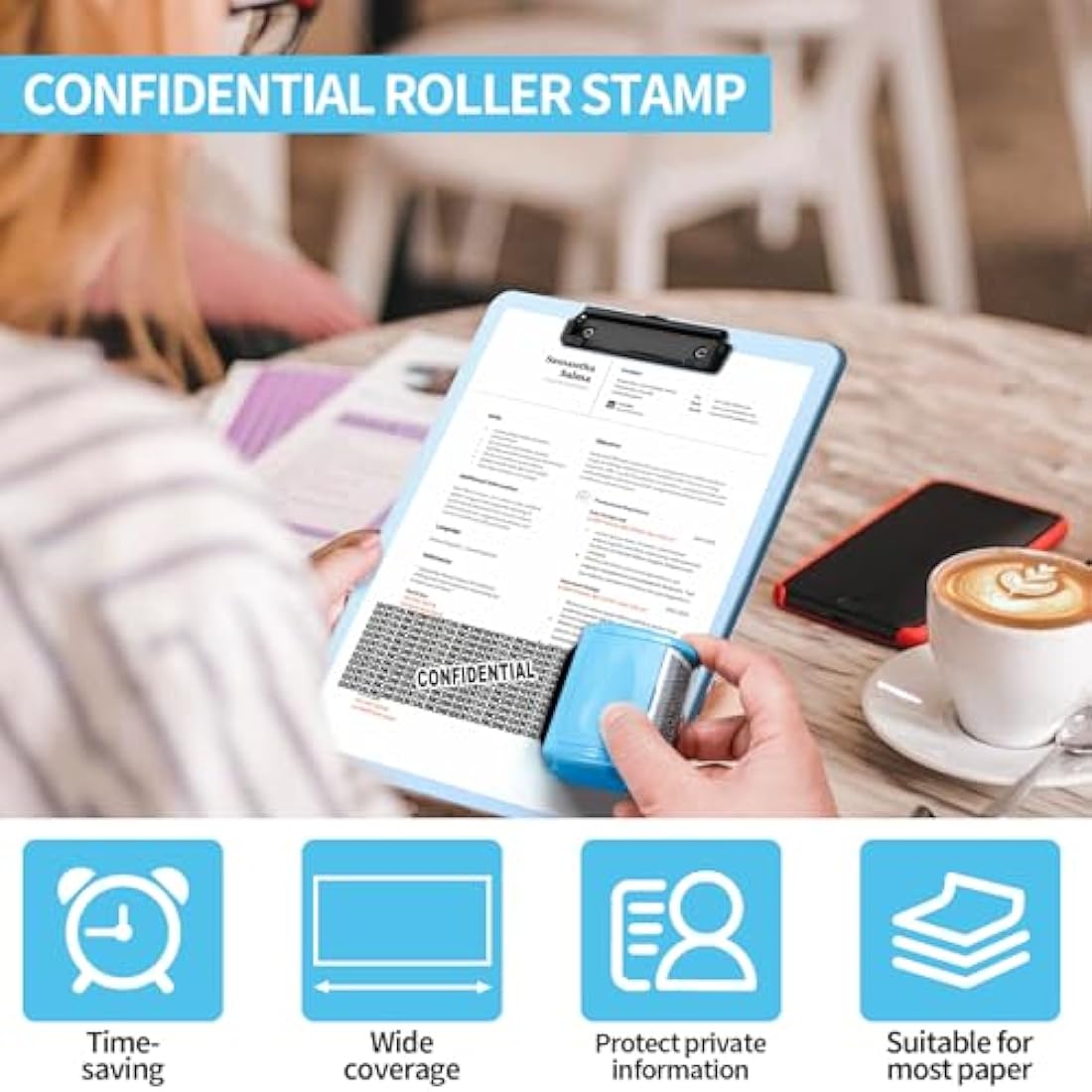 Lindastas Address Blocker Wide Roller Stamp - Confidential Data Defender With 3-Pack Refills for Anti Theft and Privacy Safety (Blue Stamp + 3 Refills)