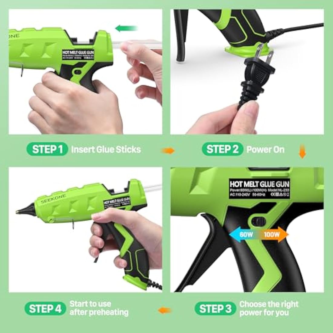 SEEKONE Hot Glue Gun, 60/100W Dual Power High Temp Heating Glue Gun Kit with 20pcs Glue Sticks, No Drip and Leakage Design, Electric Glue Gun for DIY, Arts, Crafts, Quick Home Repairs, Sealing