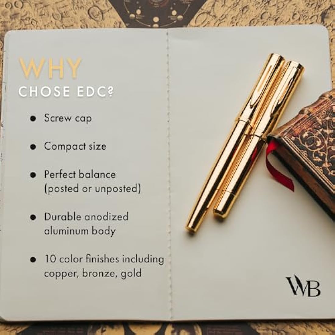 Wordsworth and Black Fountain Pen Mini EDC: Luxury Gold Heavy Pocket Pen, Gold Finish, Medium Nib, 6 Ink Cartridges, Ink Converter, Travel Refillable Writing Pen Gift Set, Men & Women