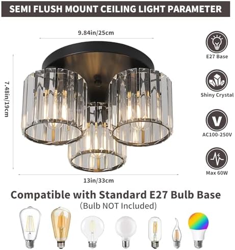 ZYDTRIP Crystal Chandeliers Ceiling Lights, 3-Lights Crystal Ceiling Lighting Living Room, Modern Black Semi Flush Mount Light Fittings for Bedroom, Hallway, Bathroom, Foyer, Kitchen Light Fixture