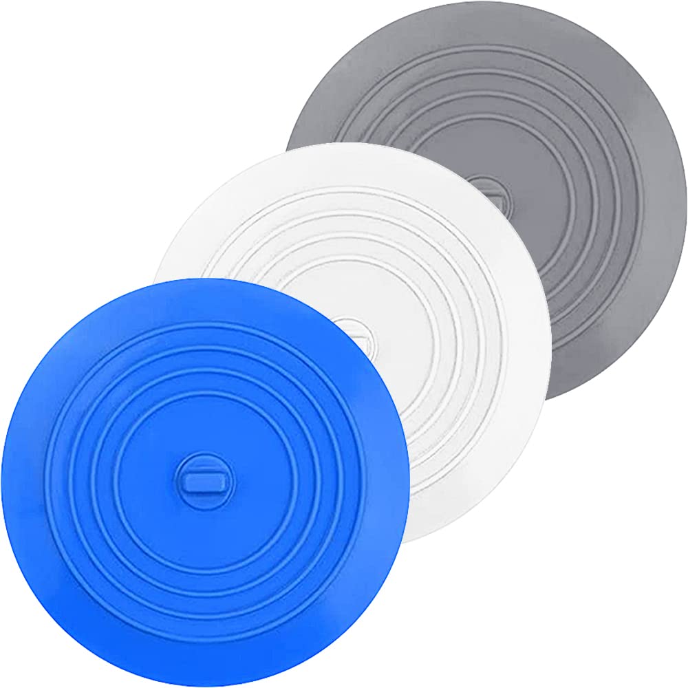 BOSOIRSOU 3-Pack 6-Inch Silicone Bathtub Stopper Drain Plug Hair Stopper in White, Blue, Gray