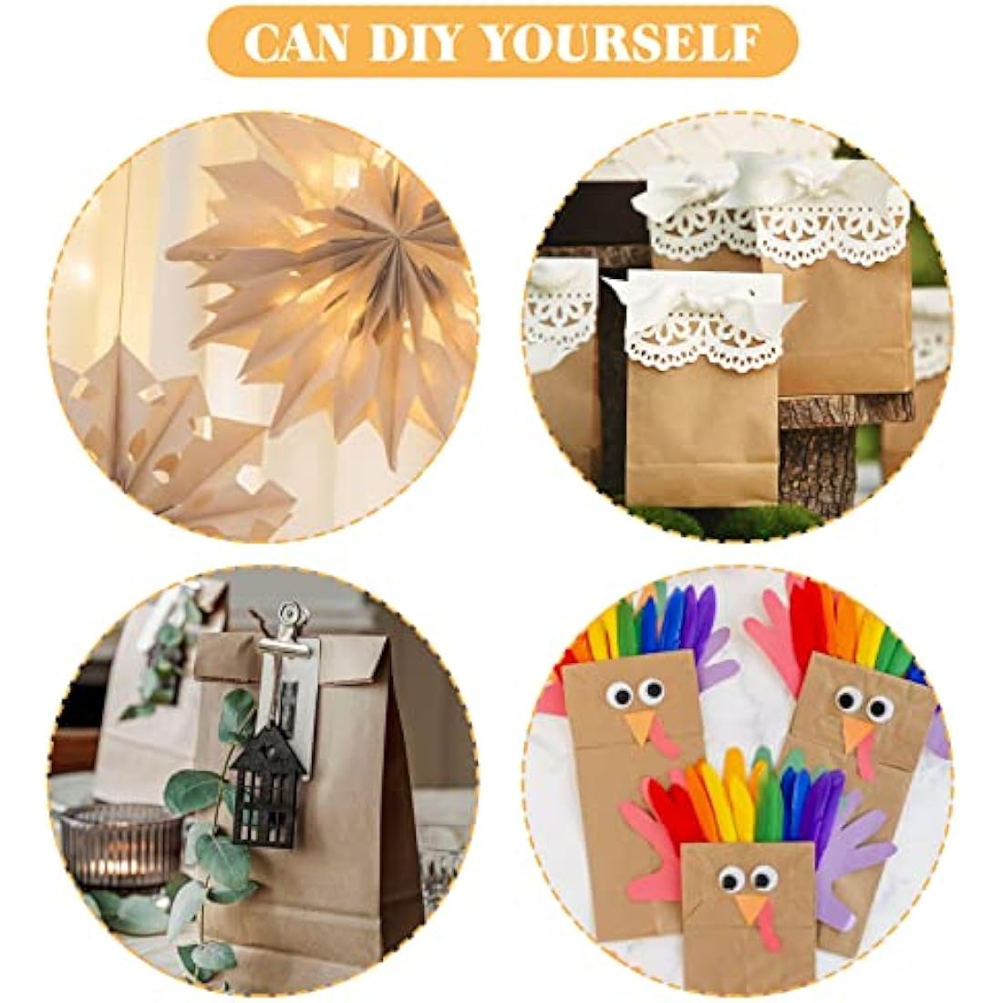 G2PLUS 50 Brown Kraft Bags - 13x8x24 CM Medium, Candy Paper Bags with Stickers for Snack, Birthday, Wedding, Easter & Xmas Party