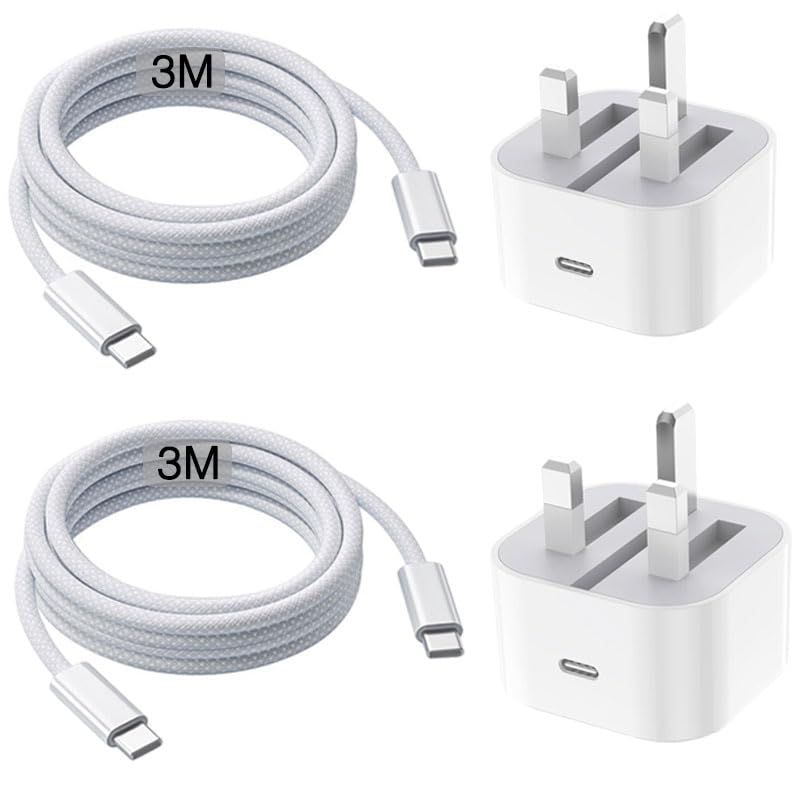 3m Charger for IPhone 17/16/16E/15, [2Pack]20W Fast Charging Cable USB C to USB C, Charger Cord UK Plug Adapter Long Lead for IPhone 17 Air/16 Pro
