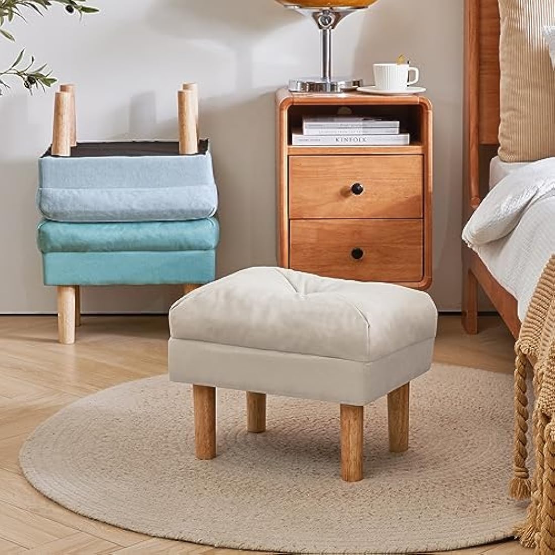 YMYNY Foot Stool, Ottoman Small, Chair with Sponge Padded Seat, Footrest, Shoes Changing Wooden Stool for Living Room, Bedroom, Entryway, 40×29×32CM, Beige HBD023M