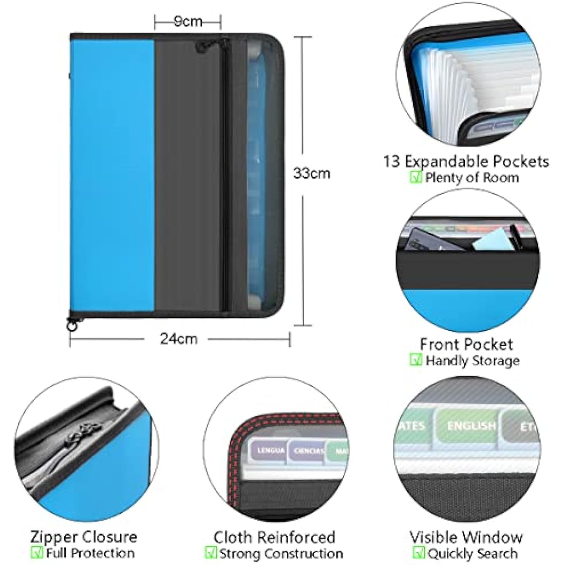 TRANBO 13 Pockets Expanding File Folder with Zipper Closure, A4 Plastic Document Wallet Organizer with Handy Front Pocket for Personal Office Stationary Storage