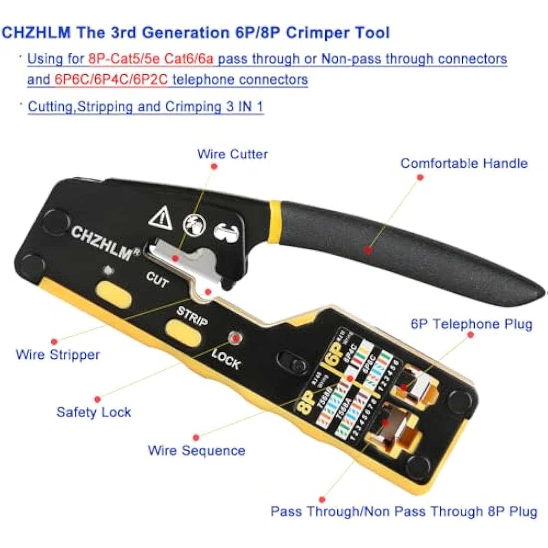 RJ45 Crimping Tool Kit Rj45 Crimper Stripper Cutter All-in-One Pass Through Crimper for 8P RJ45 Cat5 Cat5e Cat6 Cat6a 6P RJ11/12 Telephone Connectors with 50Pcs Connectors 50Pcs Covers Mini Stripper