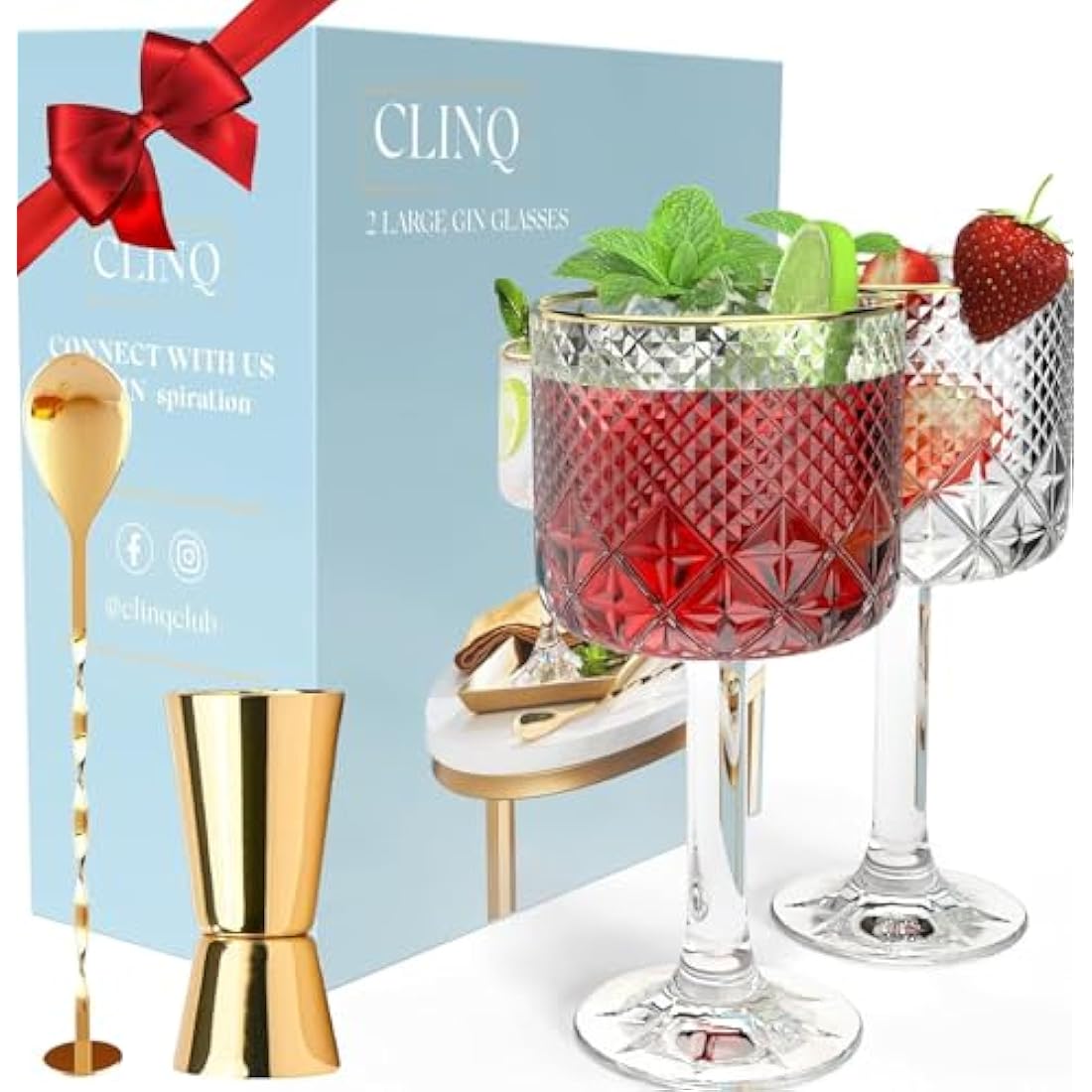 Gin Glasses Set of 2 - Luxury Gin Gifts for Women or Men - Inc 2 x Gold Rim G&T/Cocktail Glasses, Spoon & Double-Sided Measure I Gin Gift Sets for Women I Gin Lovers Copa