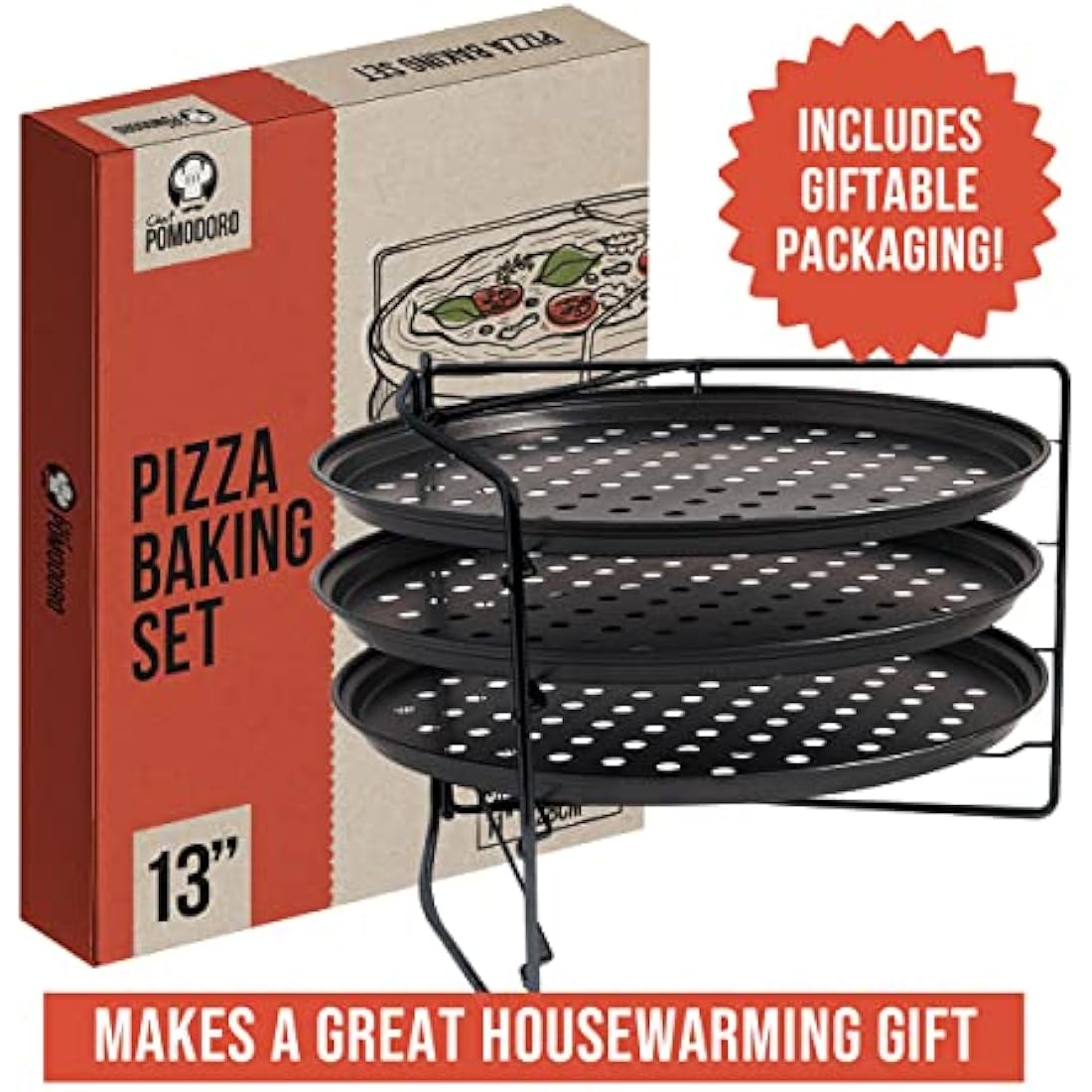 Chef Pomodoro Pizza Baking Set with 3 Pizza Pans and Pizza Rack, (33 cm Pans), Non-Stick Perforated Pizza Trays for Oven, Pizza Pan with Holes for Oven, Barbeque, Bakeware