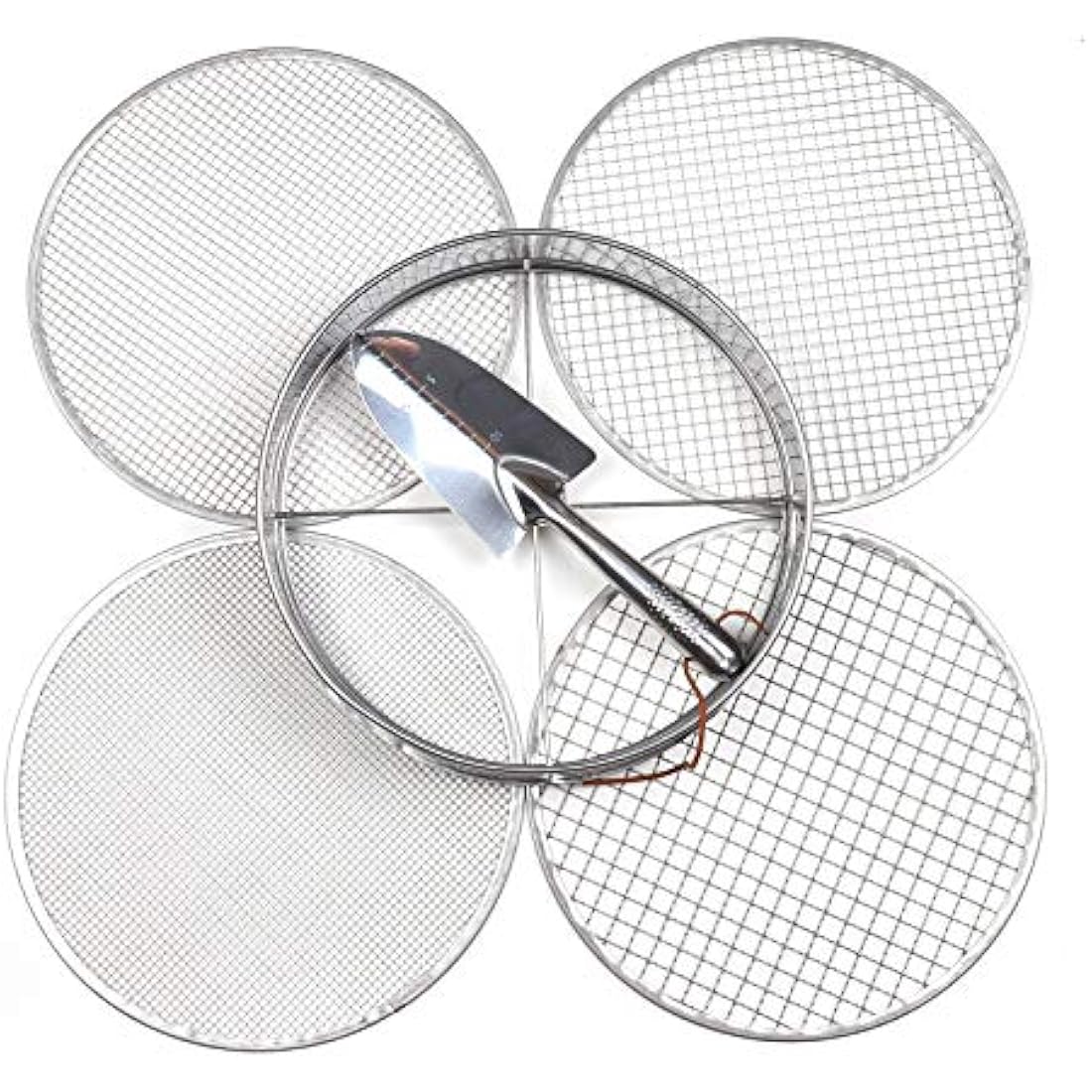 Practicool garden potting mix sieve - stainless steel riddle - soil sifting pan - with 4 interchangeable filter mesh sizes - 3,6,9,12 mm and bonus spade