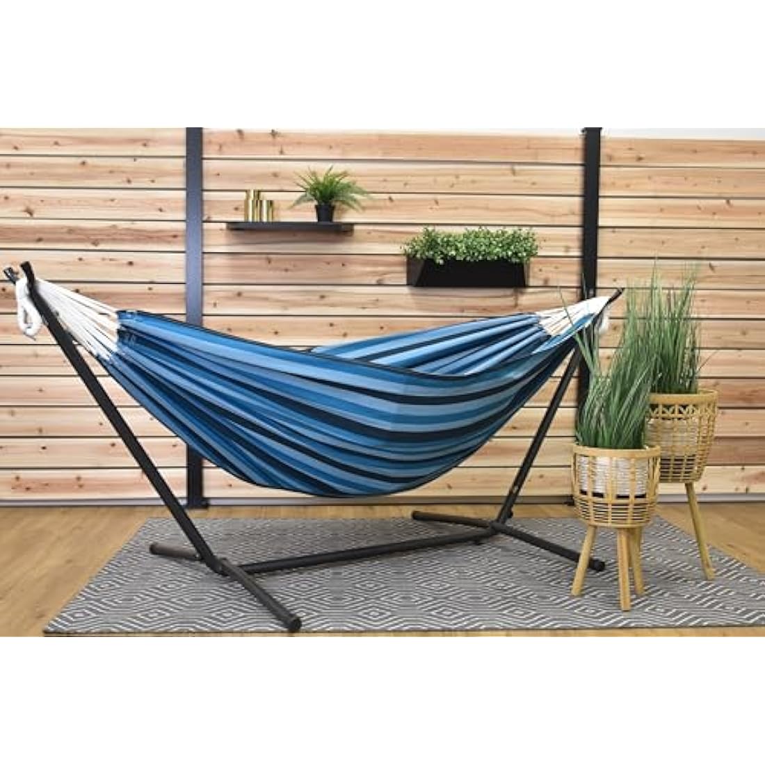 Vivere UHSDO8-34 Double Cotton Hammock with Space-Saving Steel Stand Including Carrying Bag, Blue Lagoon