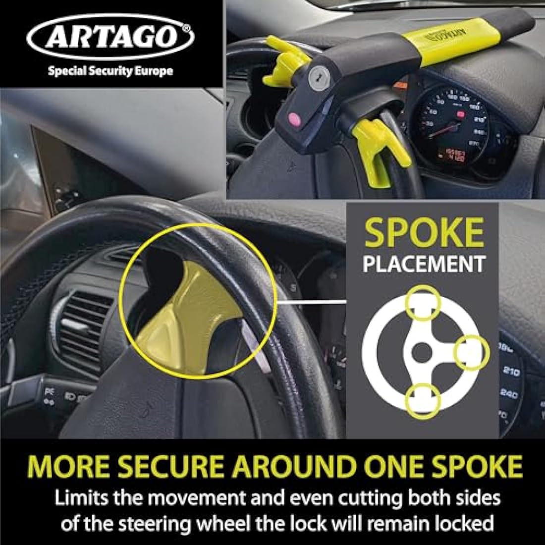 ARTAGO 870 High-End Steering Wheel Lock 2in1 Without or with 120dB Alarm + Don't Touch Warning, Visible and Deterrent High Security, Universal Anti Theft Bar Locking Device for Car, Truck, Van, Camper