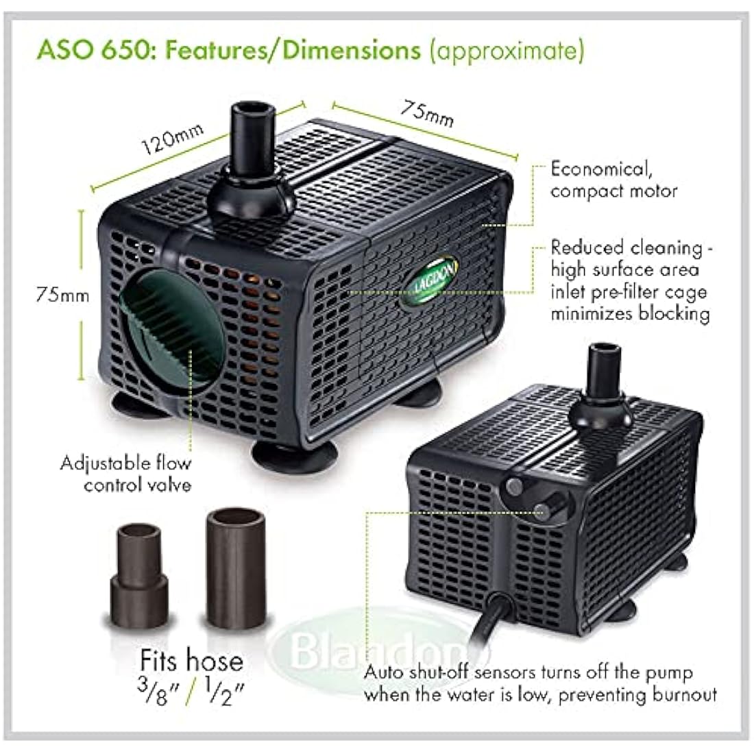Blagdon Water Feature Pump with Auto Shut Off Sensor Prevents Burnout, Adjustable Flow Control, Reduced Cleaning, 3 Hose Fitting Adaptors, Pumps up to 650 Litres/Hour, Max Pumping Height 1.1m