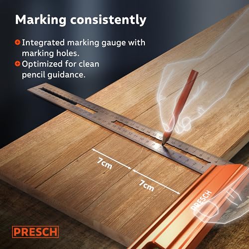 Presch Try Square 350 mm | Medium | Includes rust-free marking gauge (35cm), level bubble & marking pin | 90° & 45° | Carpenters square, Precision Square, Joiners Square, Engineers Square