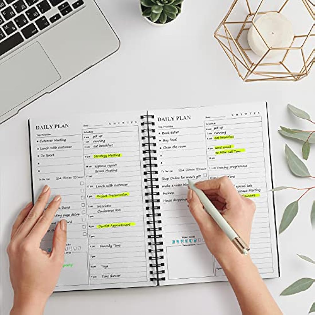 Daily Planner Undated, Asten to Do List Notebook Hourly Schedules Spiral Appointment Planner for Men and Women,PVC Hardcover,Elastic Closure, Inner Pocket 14.7 x 21.2cm (Black)