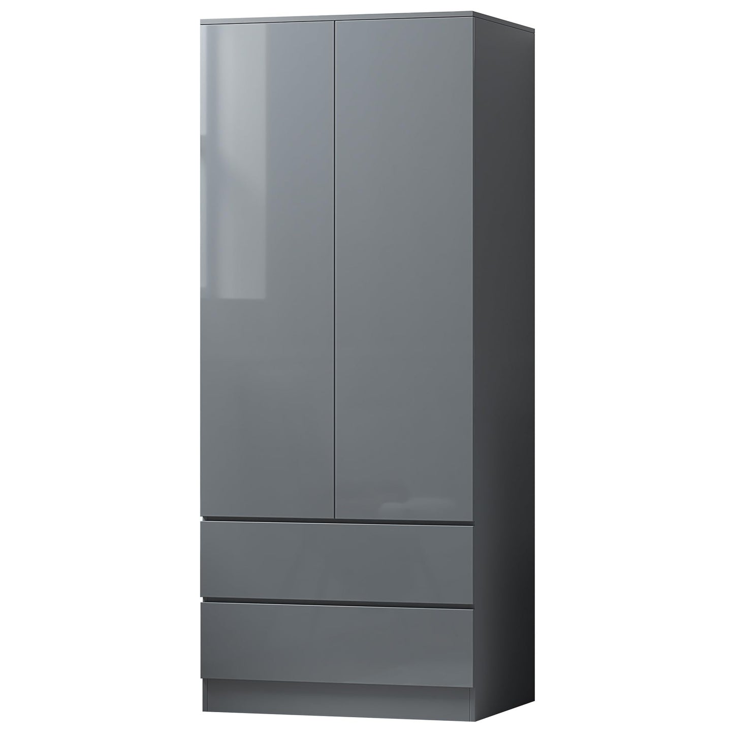 FWStyle Matt Grey With Grey Gloss Doors 2 Door 2 Drawer Combination Wardrobe, Scandinavian Bedroom Nursery Storage with Handleless Design, Hanging