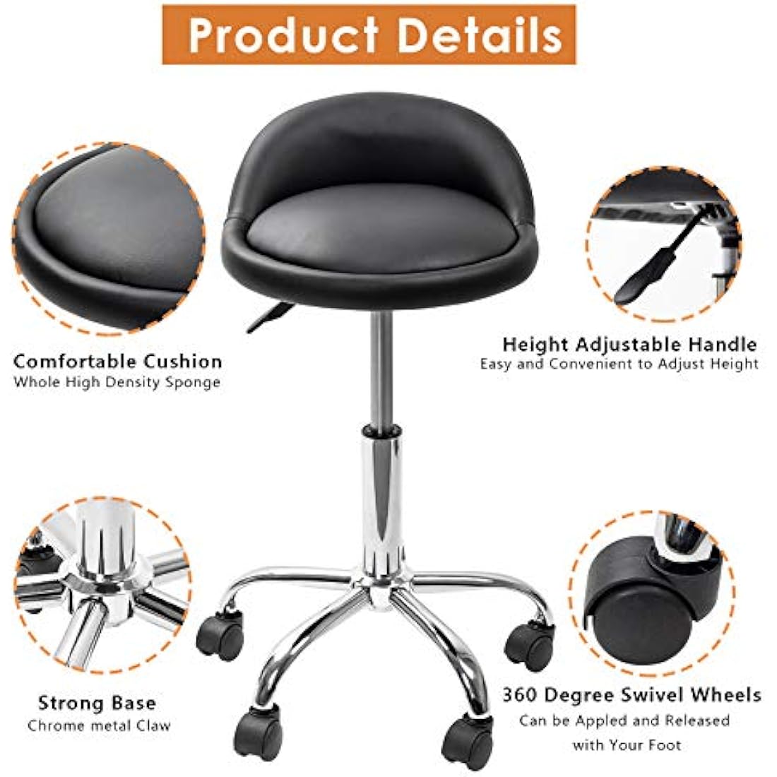 display4top Black Adjustable Swivel Rolling Cushion Tattoo Massage Hydraulic Salon Stool with Back,5 Wheels