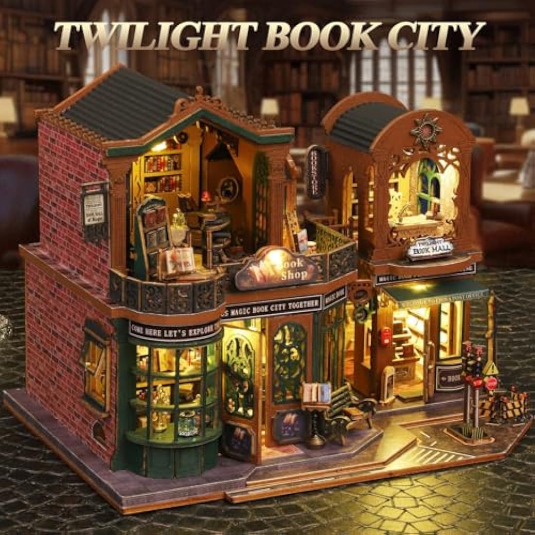 Mostop DIY Miniature Dollhouse Kit, Wooden Dollhouse Kit Miniature House Kit with LED Light and Movements,Creative Room Idea for Kids/Adults Magic House DIY Kits (Twilight BOOK City)