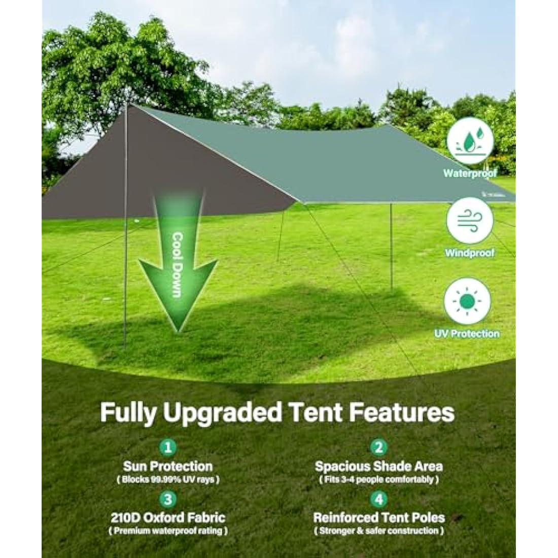 WADEO Camping Tent Tarp Shelter, 3m x 3m Hammock Tarpaulin Waterproof Ground Sheets Portable Tarpaulin Shelter with 8 Pegs and 8 Guy Lines for Camping Picnic Hiking Adventure
