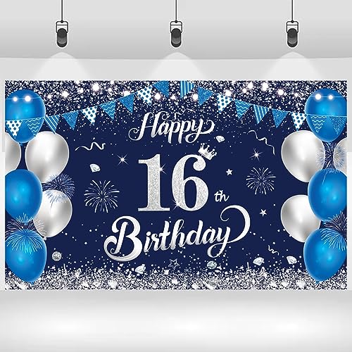 Yontree Happy 16th Birthday Banner - Navy Blue & Silver Birthday Backdrop 1.1 x 1.8m for 16 Years Old Anniversary Party