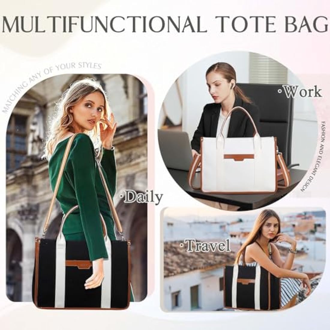 RAVUO Laptop Bag for Women, 15.6 Inch Large Canvas Tote Bag Ladies Teacher Purse and Handbag With Detachable Shoulder Strap