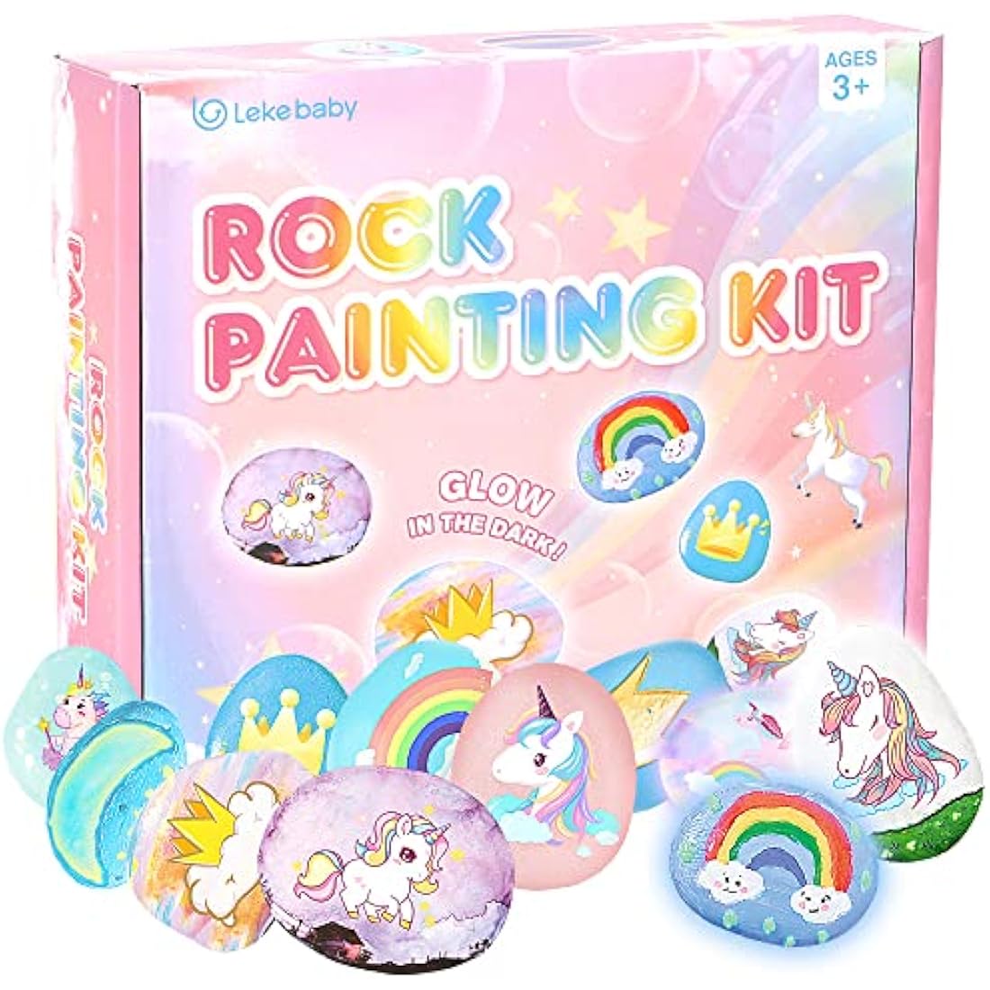 Lekebaby Unicorn Rock Painting Kit, Arts and Crafts for Kids 3-12 Years Old, Presents for Girls Boys Age 3+, Pink