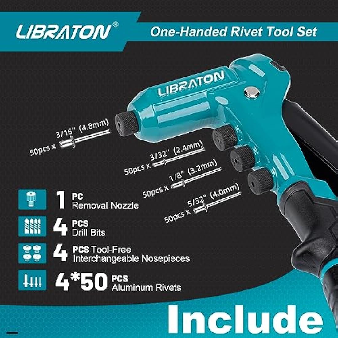 Libraton One-Handed Rivet Gun, Pop Rivet Gun Set, Professional Hand Riveter, Manual Riveting Tool with 200 Rivets for Metal, Includes 4 Drill Bits, 4 Tool-Free Interchangeable Heads, Storage Case