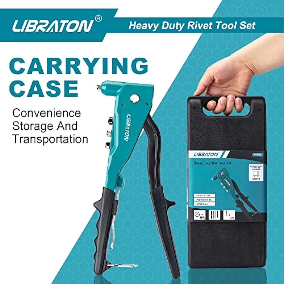 Libraton Heavy Duty Rivet Gun, Pop Rivet Gun Set, Professional Hand Riveter, Manual Riveting Tool with 100Pcs Rivets and 4 Interchangeable Heads, for Metal, Wooden and Plastic