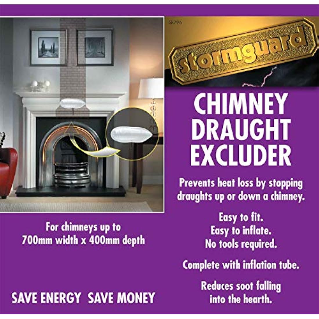 Stormguard Universal Chimney Draught Excluder - Draught Excluder for Chimney Sized 10-70cm (4"- 28") Length x 10-40cm (4"- 16") Width