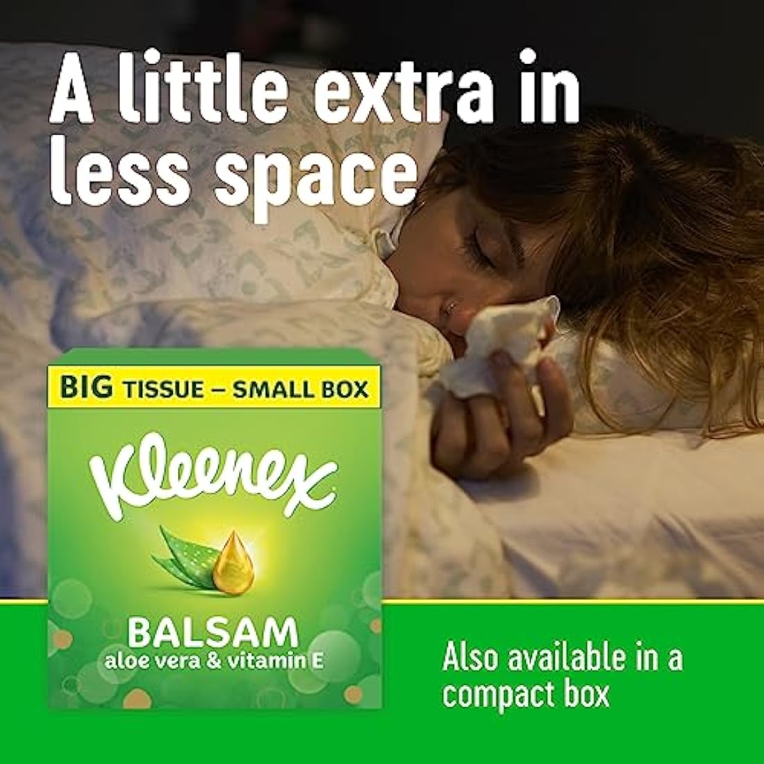 Kleenex® Balsam Extra Large Tissues in 16 Compact Boxes - Protect and Soothe Your Nose When You've Got a Cold - BalmCare with Aloe Vera, Vitamin E and Calendula, 640 Tissues (16 Boxes)