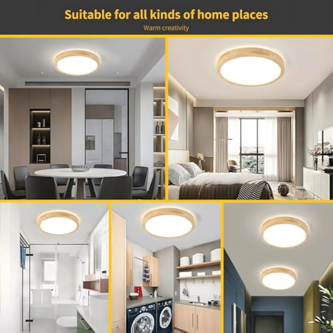 WayLuoung Wooden LED Ceiling Light | Ø30cm 3000K 1620Lm 18W | Round Top 360° Glow Natural Wood Ceiling Lamp, Bedroom, Living Room, Children's Room, Kitchen, Dining Room, Home, Office (Warm White)