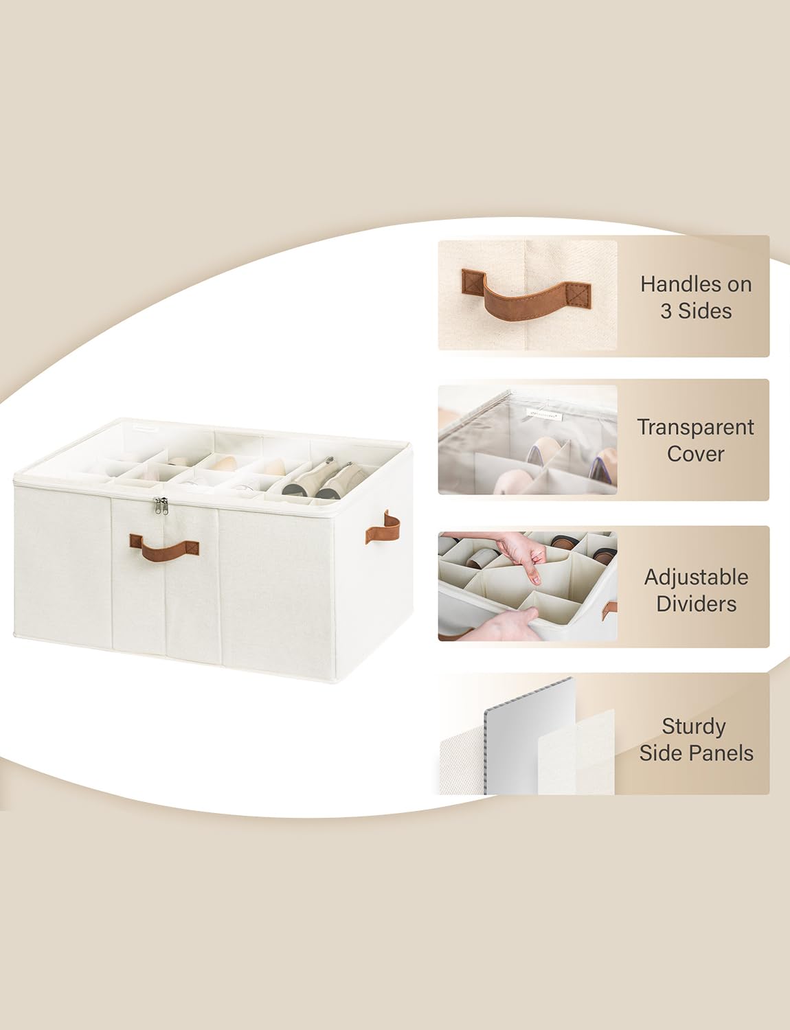 StorageWorks Shoe Organizer for Closet, Extra Large Fabric Shoe Storage Bins with Clear Cover, Adjustable Dividers for Shoe Storage, Beige, 1-Pack,
