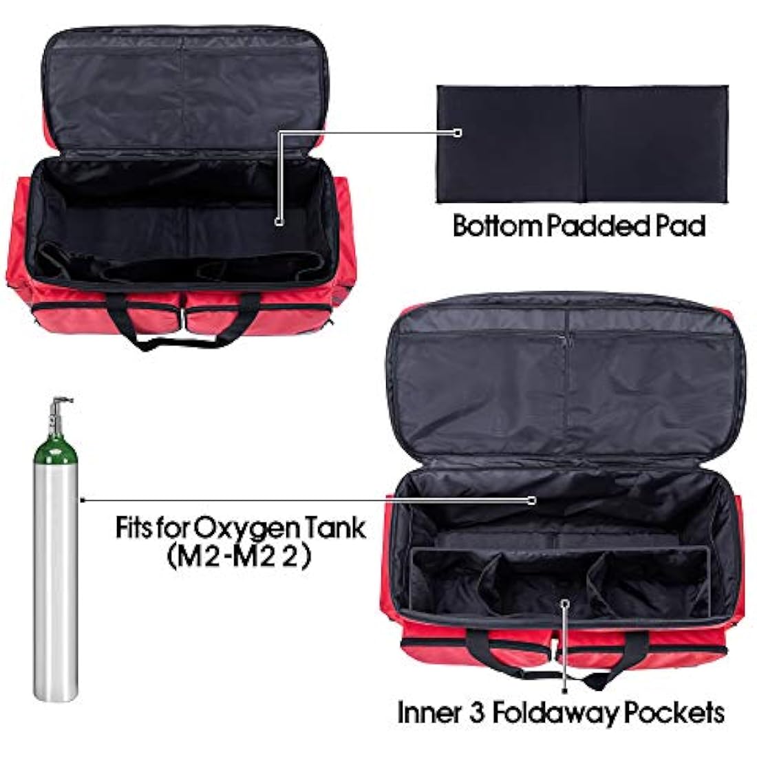 Trunab Large Emergency Medical Bag Empty with Compartment for Oxygen Tank(M2-M22), Large First Responder Bag with Bottom Board Pad for Sport Team, Community Volunteer, Bag Only, Red-Patented Design