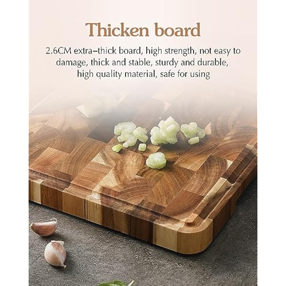 XINZUO Acacia Wood Cutting Board for Kitchen End Grain (13.8''L x 9.8''W x 1''T)-Wooden Chopping Board Meat Cutting Board with Non-Slip Feet, Side Handles and Juice Groove