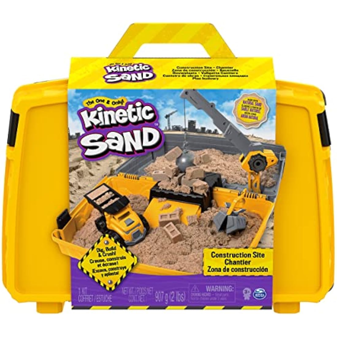 Kinetic Sand, Construction Site Folding Sandbox Playset with Vehicle and 907g, for Kids Aged 3 and Up