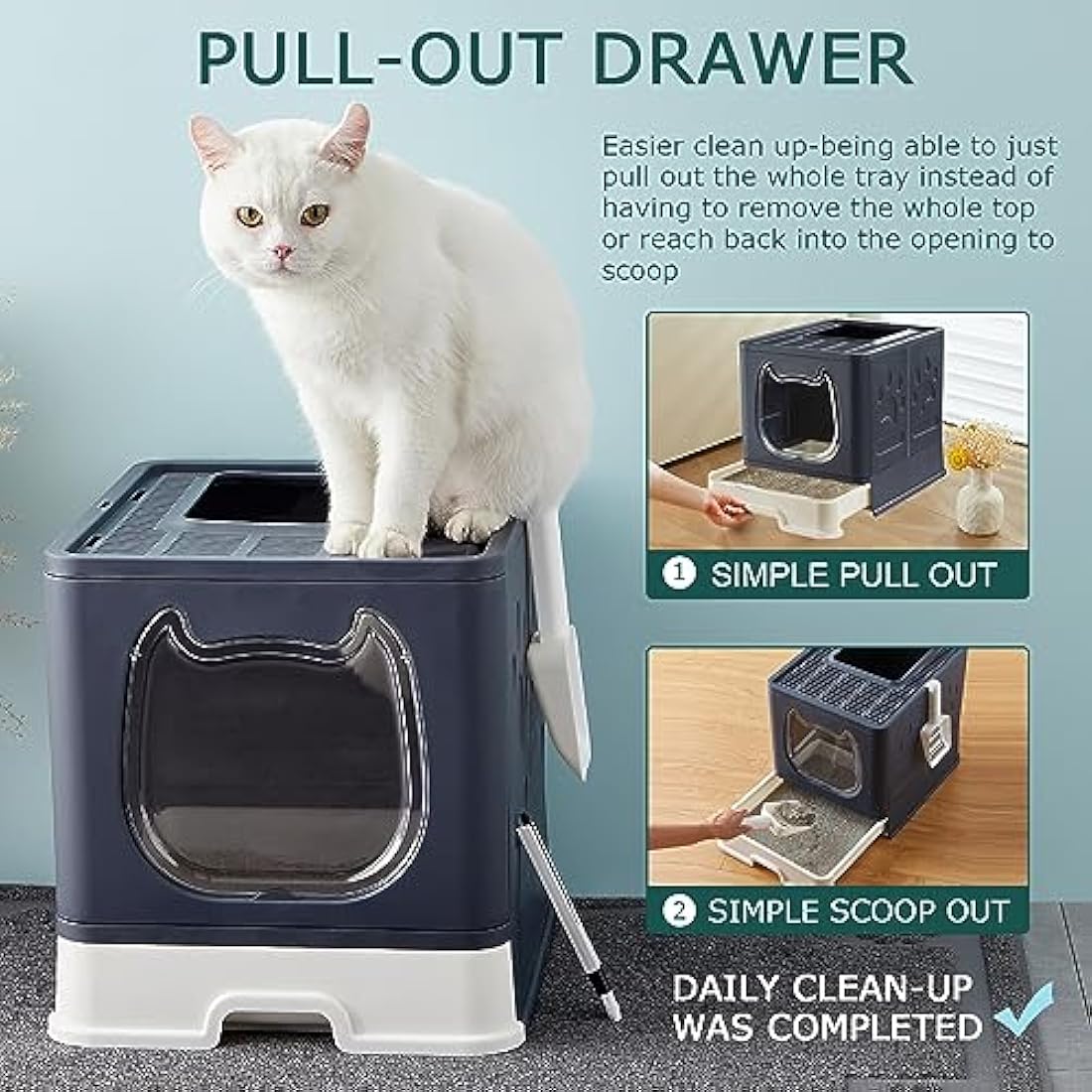 Pawsayes Cat Litter Tray Litter box with Lid for Medium and Small Cats, Foldable Top Entry Kitten Litter Box with Drawer Pan and Scoop