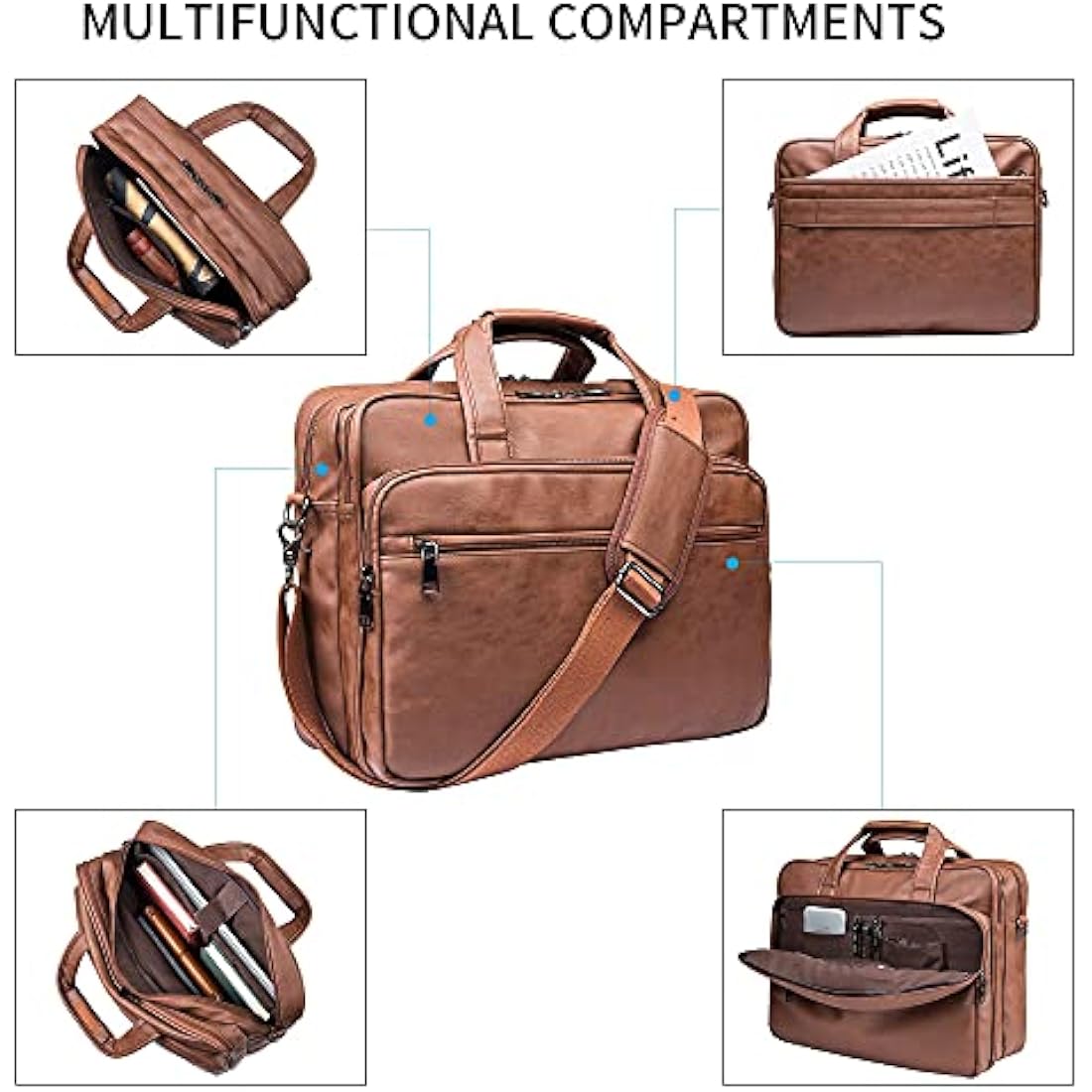 seyfocnia Leather Laptop Bag, Men's 15.6 Inches Messenger Briefcase Business Satchel Computer Handbag Shoulder Bag Fits 15.6 Inch Laptop Computer (Brown)