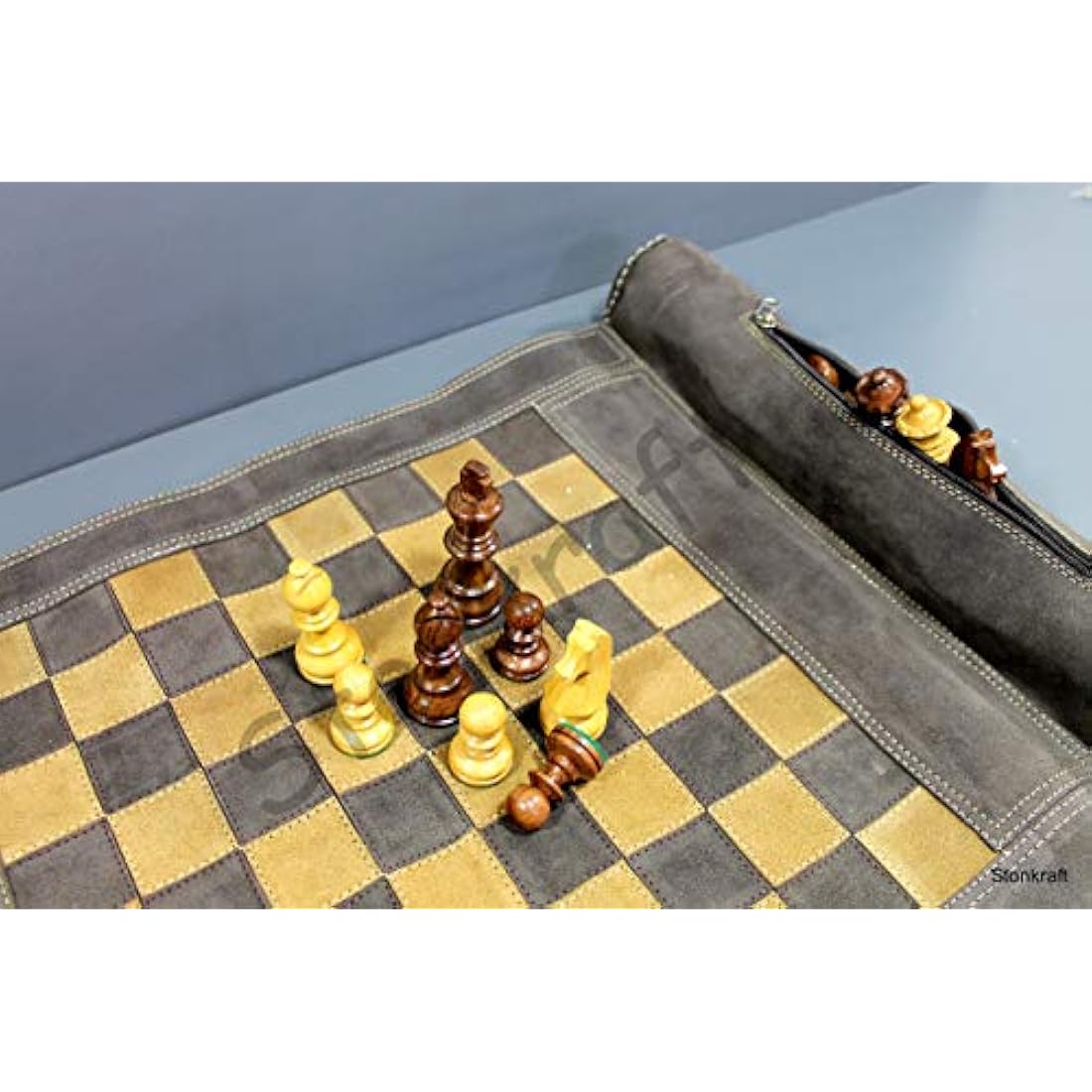 Stonkraft 19" x 15" (Chess Board Size 12" x 12") Genuine Roll-Up Leather Chess Set - With Wooden Chess Pieces - Brown Grey | Comes with a Innovative Carry Pouch