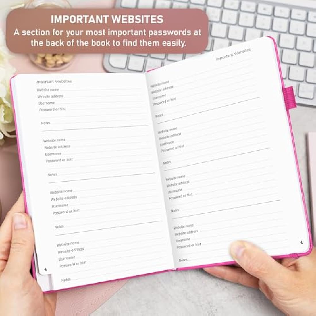 GoGirl Password Book with Alphabetical tabs – Internet Address & Password Keeper Logbook for Password Organization, Journal Notebook for Saving Website Logins. Medium Size 13.5 x 19cm - Hot Pink