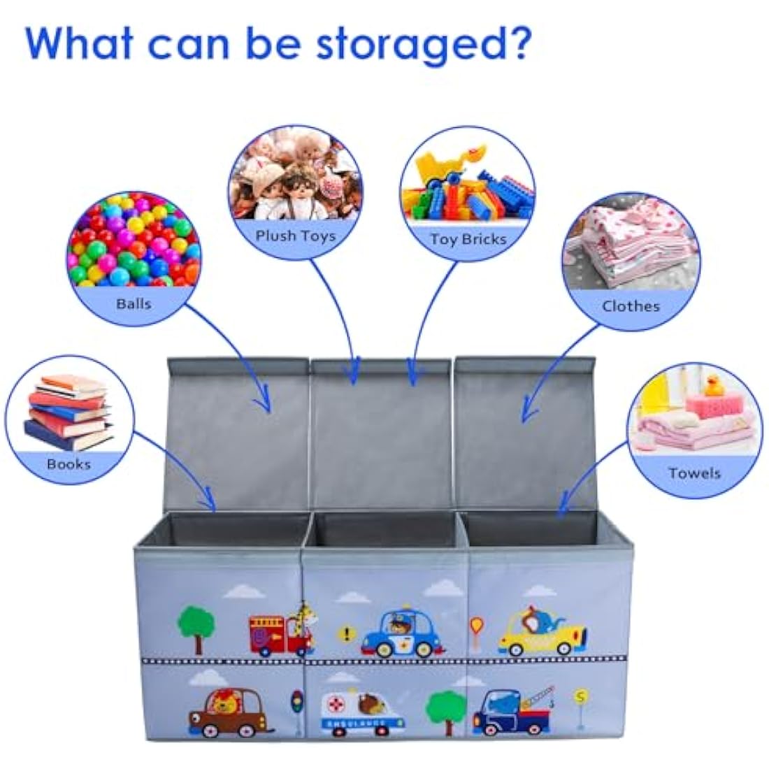 Decalsweet Extra Large Kids Toy Storage Box with Lid,Foldable Oxford Toy Storage Organizer Box for Boys-96×32×40cm-Toy Chest with Handles for Bedroom Nursery,Animal Car