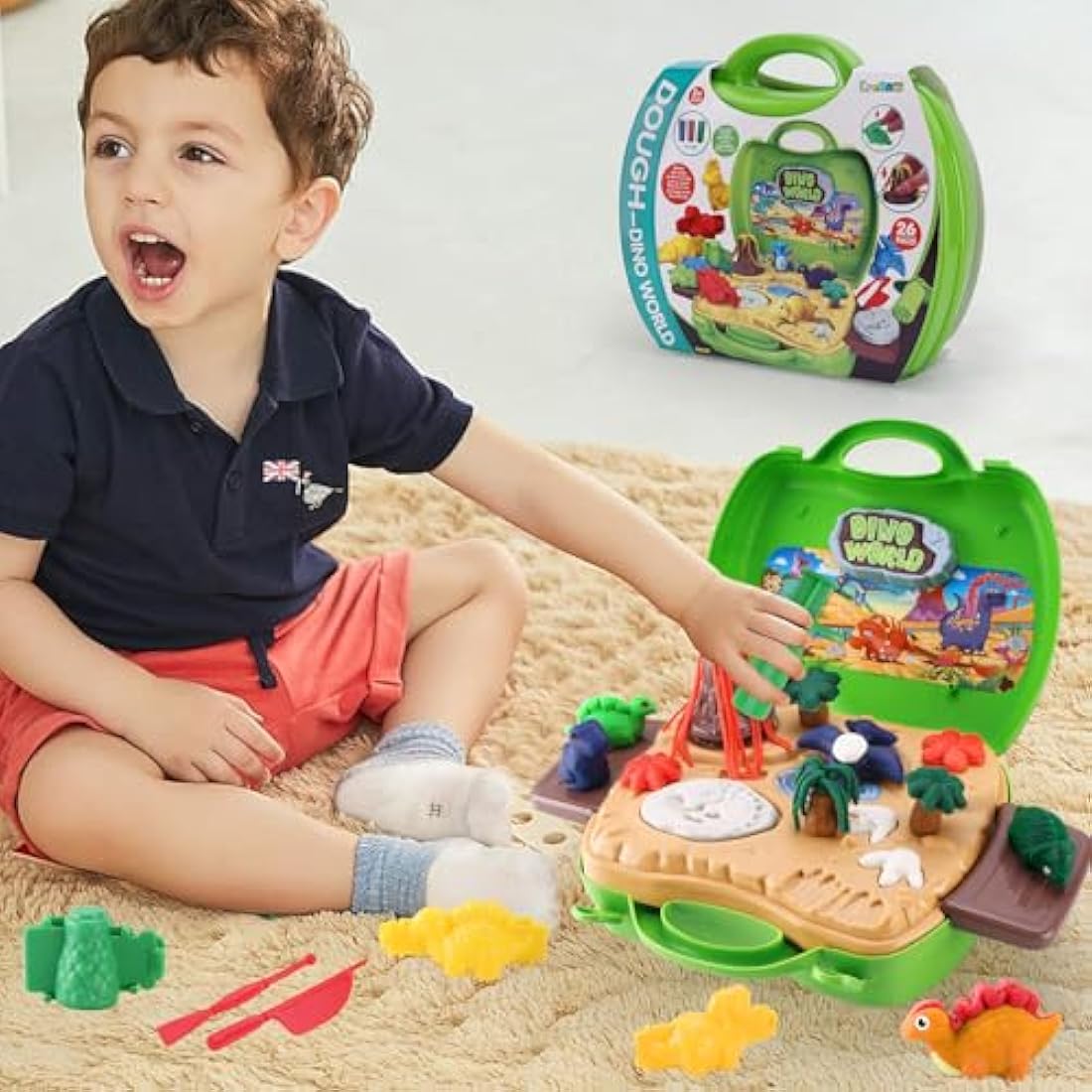 Dear Deer Kids Play Color Dough Dinosaur Play Set 26 Pcs Pretend Play Toy Kit with Dough and Moulds in a Portable Case