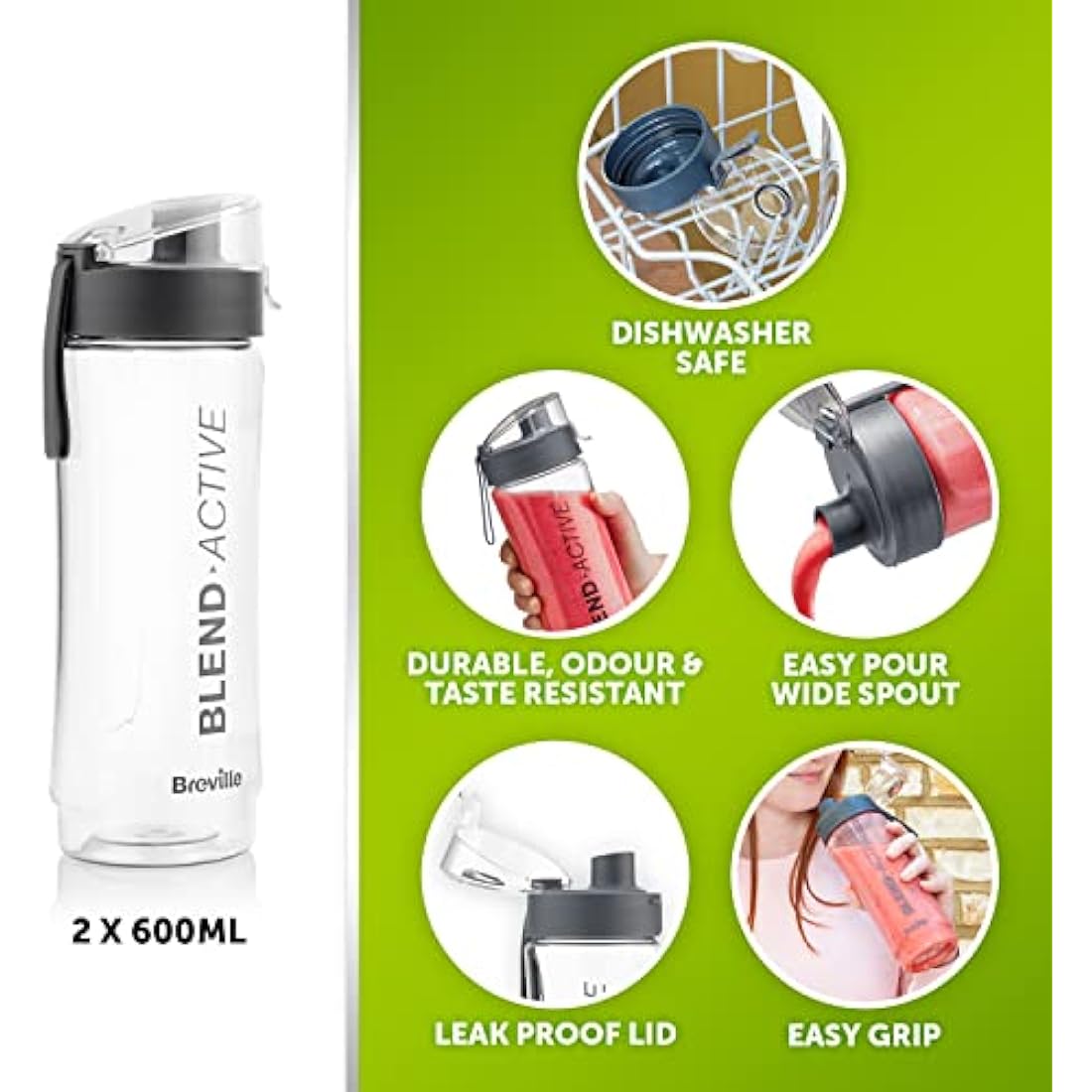 Breville Blend Active Personal Blender & Smoothie Maker | 350W | 2 Portable Blend Active Bottles (600ml) | Leak Proof Lids | White & Green [VBL246]