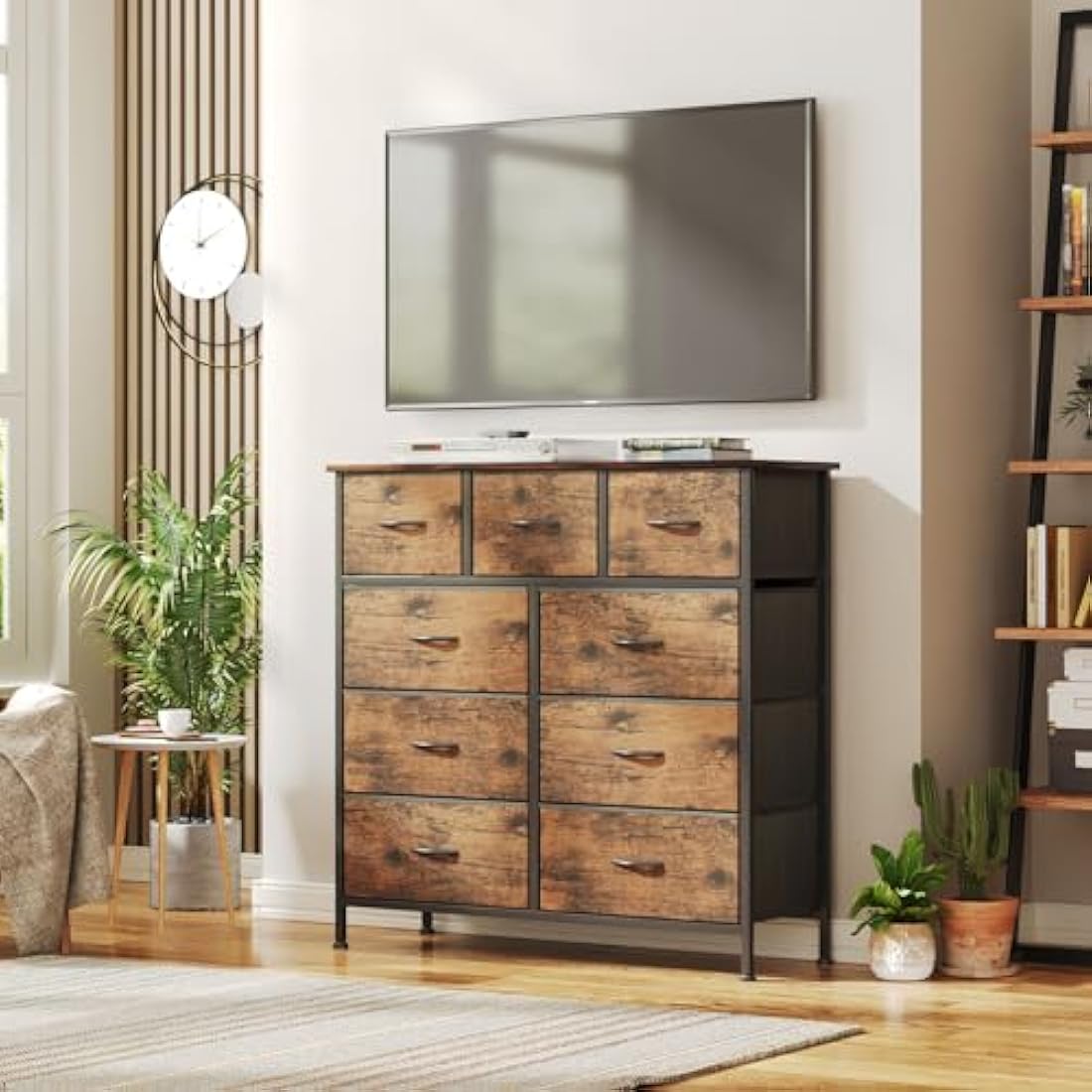 CAIYUN Chest of Drawers,Dresser for Bedroom with 9 Drawers,Fabric Dresser with Wood Top and Large Storage Space, Easy to Assemble, for Bedroom, Living room, Rustic Brown