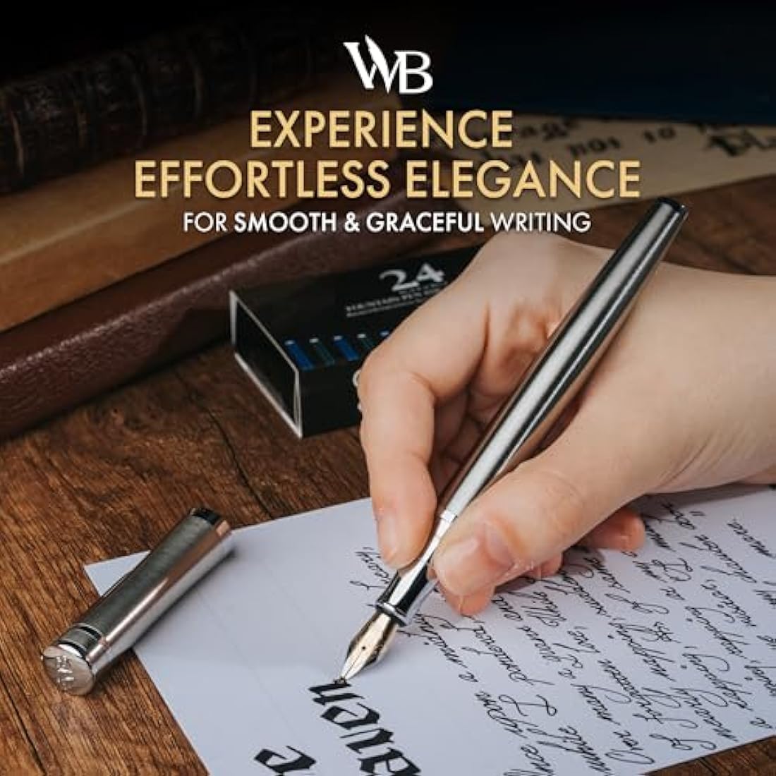 Wordsworth & Black Fountain Pen Set, Bent Nib, Includes 24 Pack Ink Cartridges, Ink Refill Converter & Gift Box, Chrome Finish, Calligraphy, [Silver Chrome], Perfect for Men & Women