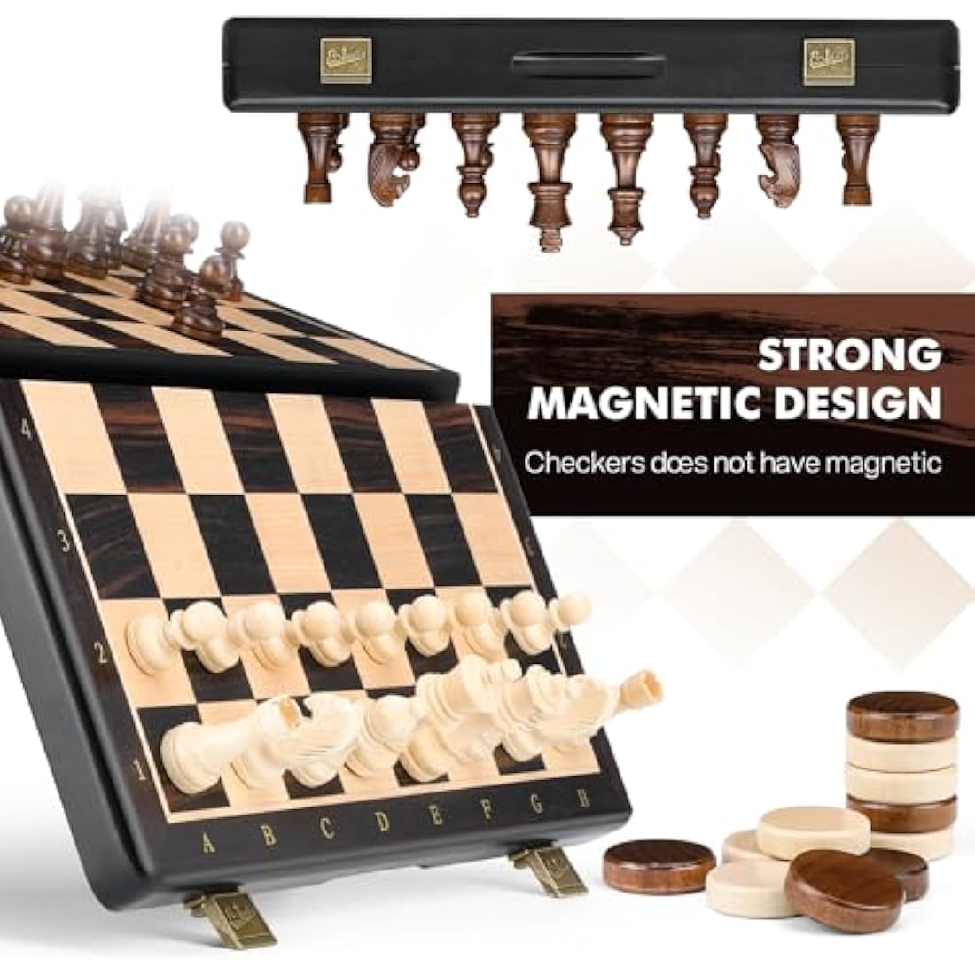 Peradix Chess Set and Draughts Board Games 2 in 1 Set | 15" Magnetic Foldable Wooden Chess Checkers Board | 2 Extral Queen | Educational Toy Set for Adults and Kids (PUZ-39)