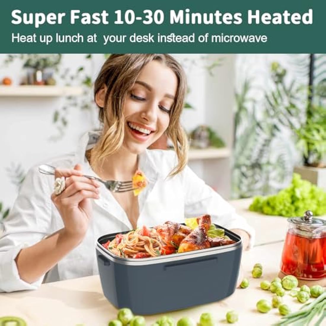 Electric Heated Lunch Box 100W - 3-in-1 Fast Heating Lunch Boxes Portable for Adults, 12V/24V/220V with 2 Pack Containers (Single & Compartment) for Car Truck Office (3 Times Faster), Navygreen
