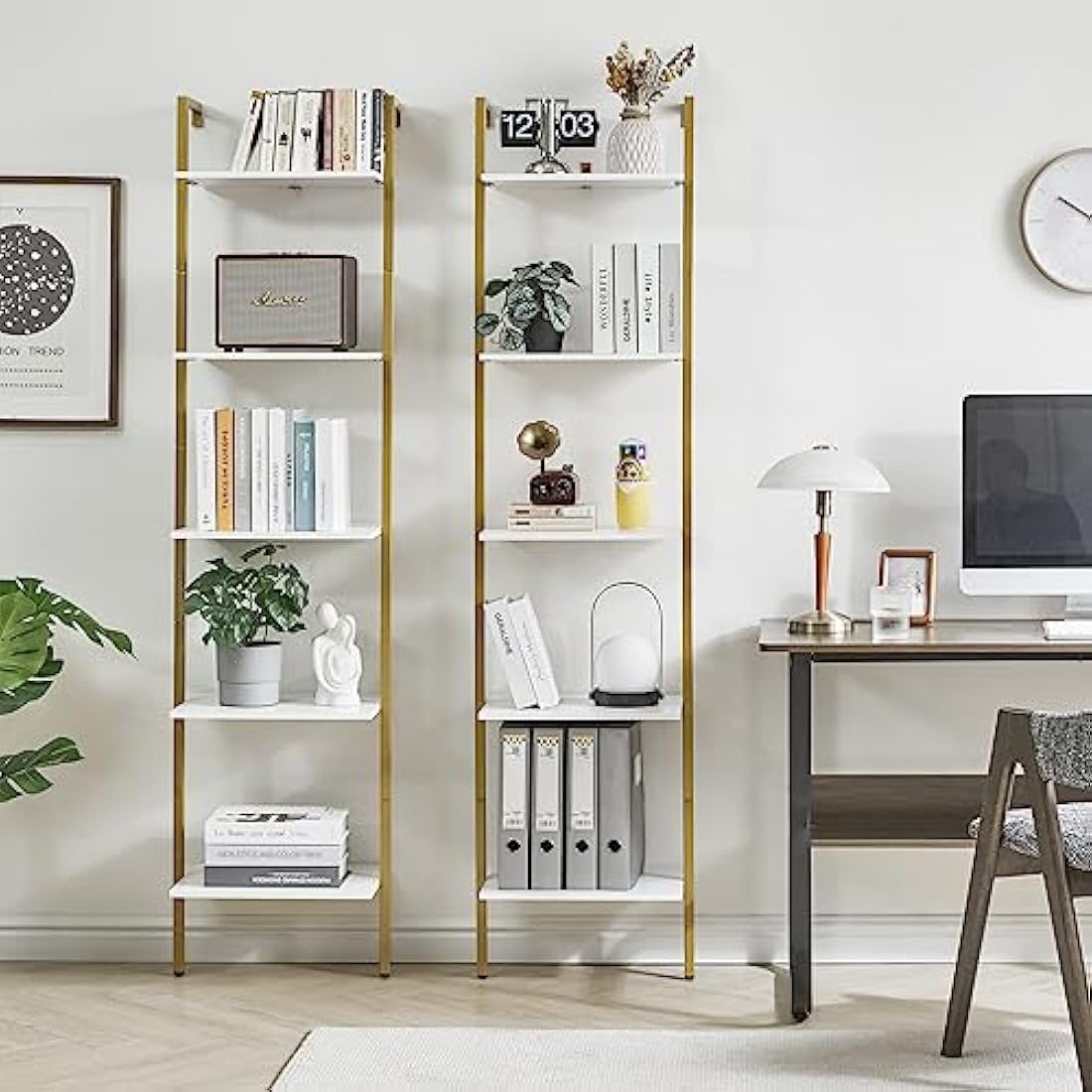 YMYNY Bookshelf Wall Mounted, Ladder Shelf, 5-Tier Bookcase Rack, Storage Unit with Metal Frame, Industrial Floating Wall Shelf for Living Room, Kitchen, Office, 40×30×178CM White HBC015W