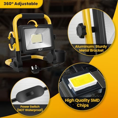 CLV 60W LED Work Light 5200LM, Job Site Light, Plug in Folding FloodLight, Portable Stand Work Lights Mains Powered LoftLight for Car Repairing Home Workshop Garage, 6500K Cold White 5M Wire with Plug