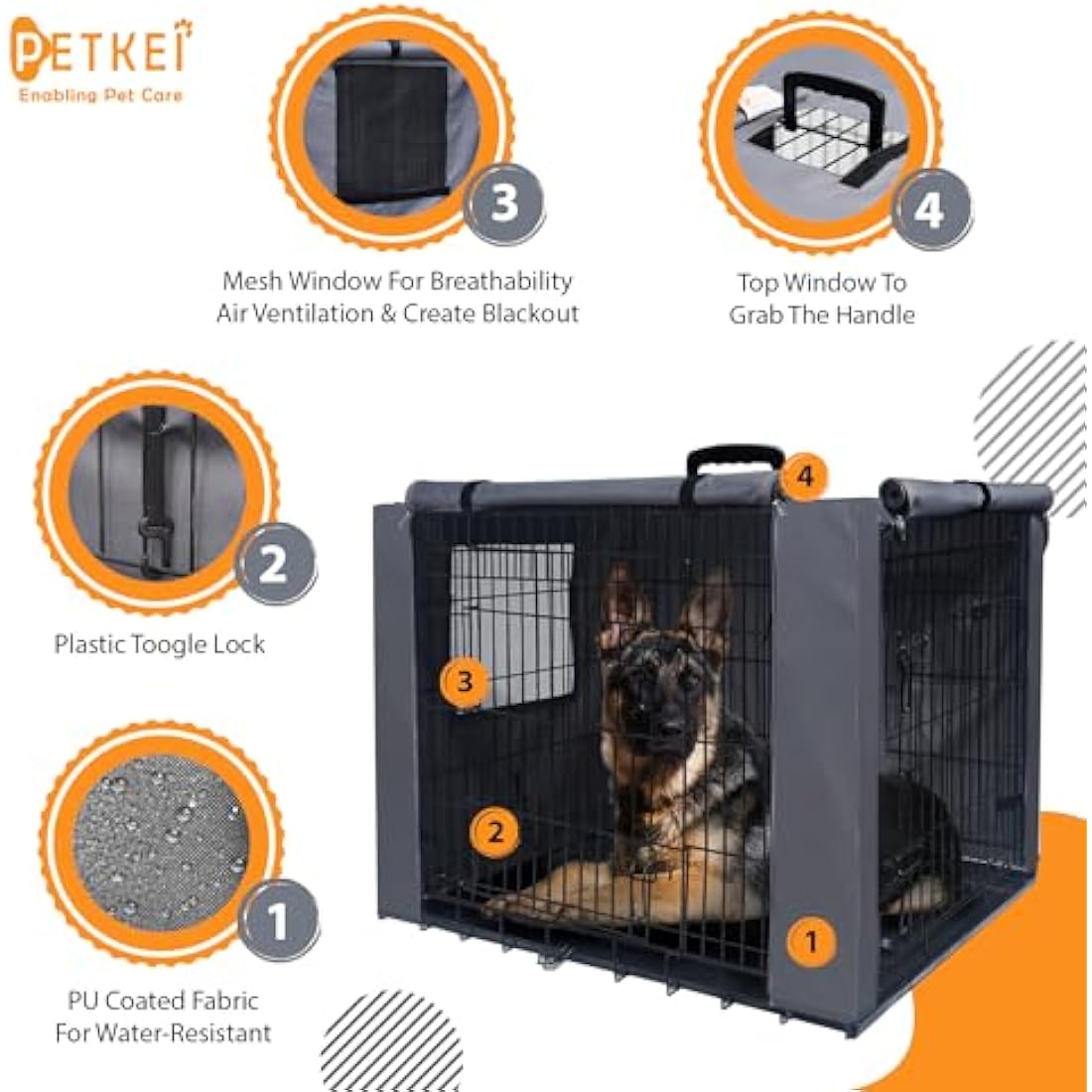 PETKEI Dog Crate Cover for Wire Dog Crate, Durable Polyester PU Coated Dog Cage Cover Designed for 1 & 2 Door Cage, Includes 1 Breathable Mesh Window & 1 Pocket (Cover Only) (2XL - 48 Inches)