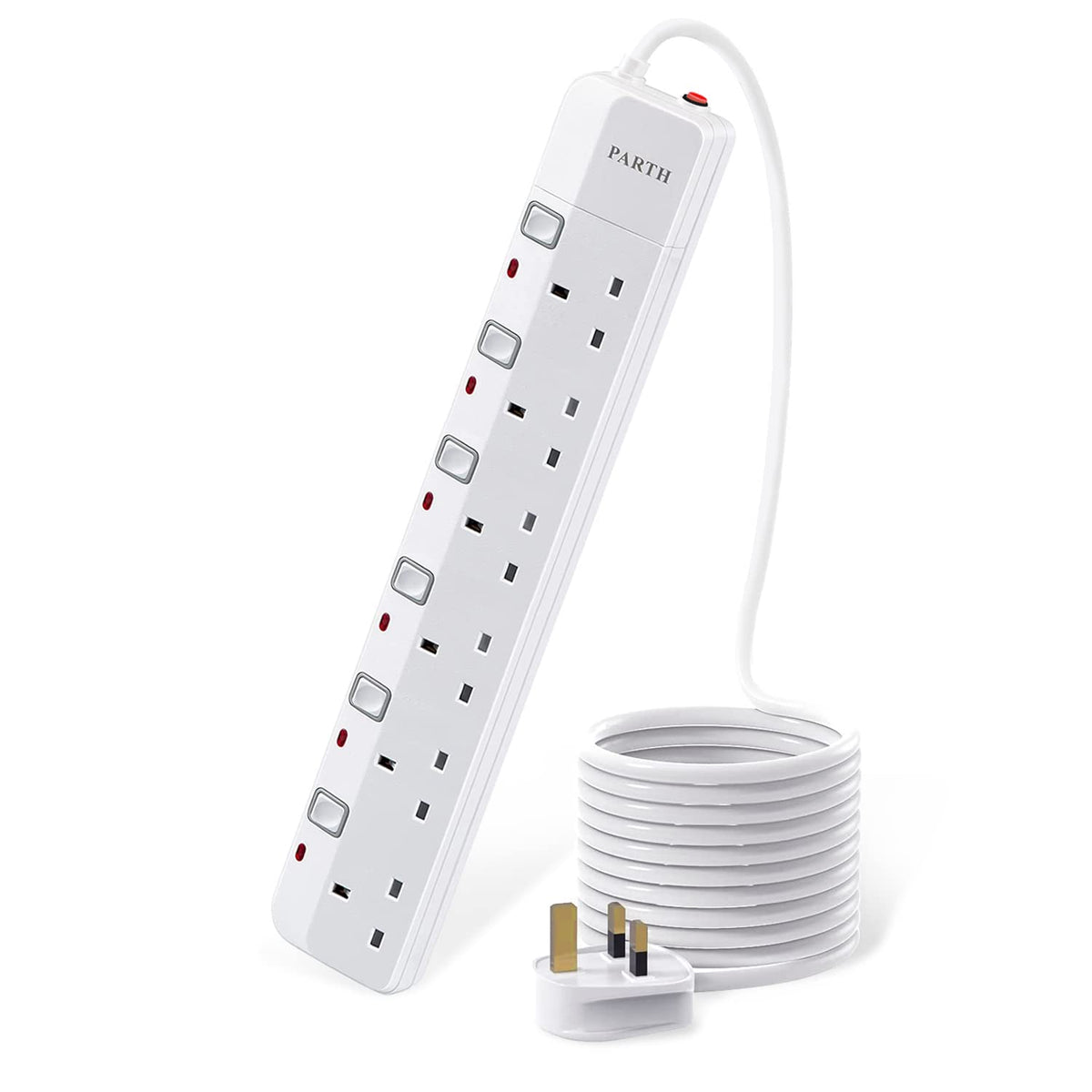 PARTH Surge Protected Extension Lead 3m Cable - 6 Way Surge Protection Multi Plug Extension with Individual Switches - UK Sockets Wall Mounted Power